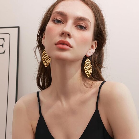 Big Gold Hollow Out Boho Geometric Hook Statement Gold Leaf Dangle Earrings - Picture 2 of 7